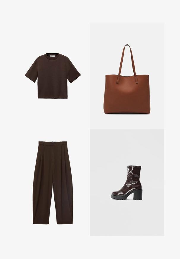 Brun kortærmet t-shirt lavet af blød bomuld. Har en rund halsudskæring og en boxy pasform, med en glat tekstur og ingen synlige mønstre.; Brune højtaljede bukser med folder, lavet af glat stof. Løs pasform, straight leg design, med bæltestropper og lynlås.; Glatte burgunder ankelstøvler med en chunky sort hæl, der har en glat tekstur og et simpelt design. Ingen synlige lukninger eller mønstre.; Brun læder tote taske med en glat overflade, åben topdesign og to skulderremme. Har minimal syning og ingen synlig hardware.