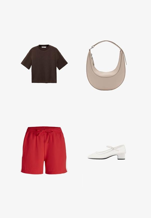Hnedé tričko s krátkym rukávom vyrobené z mäkké bavlny. Má okrúhly výstrih a voľný strih, s hladkou textúrou a bez viditeľných vzorov.; Červené športové šortky vyrobené z ľahkého materiálu, s elastickým pásom na sťahovanie a bielymi bočnými akcentmi.; Biele lakované kožené topánky typu Mary Jane s okrúhlou špičkou, stredne vysokým masívnym opätkom a nastaviteľným remienkom so striebornou sponou.; Béžová kožená taška cez rameno s polkruhovým tvarom, hladkou textúrou a jedným zakriveným uchom. Obsahuje zipsové uzatváranie a úhľadné švy.