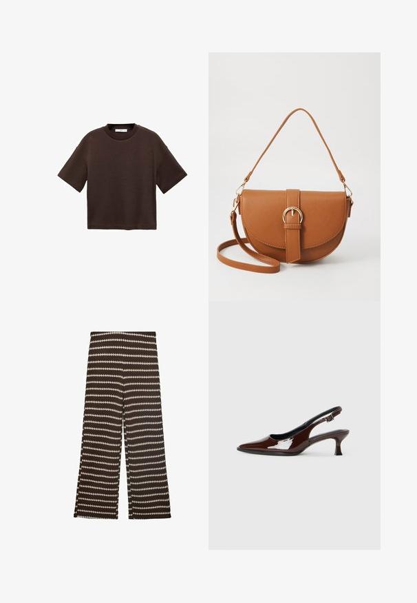 Brown short-sleeve t-shirt made of soft cotton. Features a round neckline and a boxy fit, with a smooth texture and no visible patterns.; Wide-leg pants in dark brown with contrasting cream zigzag stripes. Made of textured fabric, featuring a comfortable mid-rise waist.; Brown patent leather slingback shoe with a pointed toe and a moderate heel. Features a buckle strap for secure fit. Smooth texture.; Brown leather crossbody bag with a curved shape, gold hardware, and a buckle accent. Features a detachable shoulder strap.
