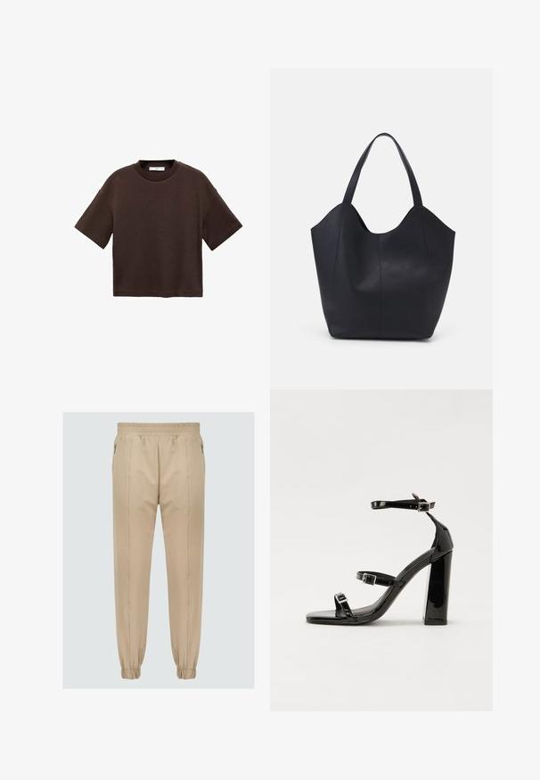 Braun t-Shirt mit kurzen Ärmeln aus weicher Baumwolle. Verfügt über einen runden Ausschnitt und einen kastigen Schnitt, mit einer glatten Textur und ohne sichtbare Muster.; Beige Jogginghosen mit einem elastischen Bund, Reißverschlusstaschen und elastischen Bündchen an den Knöcheln. Glatte Stoffstruktur mit maßgeschneidertem Design.; Schwarze patentierte Sandalen mit Absatz, quadratischer Spitze, Knöchelriemen und silbernen Schnallen. Mit einem stabilen Blockabsatz für mehr Stabilität.; Schwarze Tote-Bag aus glattem Leder, mit einem abgerundeten, offenen Oberteil, zwei Schulterträgern und einem minimalistischen Design.