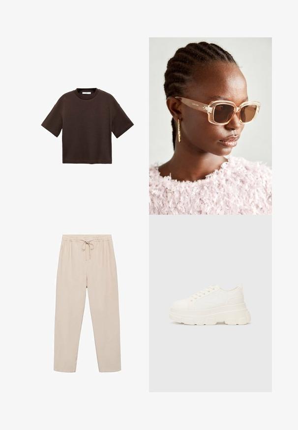 Smeđi kratki rukav majica od mekog pamuka. Ima okrugli izrez i širok kroj, s glatkom teksturom i bez vidljivih uzoraka.; Svijetlosmeđi, lagani hlače s elastičnim pojasom, podesivim vezicama i bočnim džepovima. Napravljene od glatkog, mekanog materijala.; Bijela platnena tenisica s debelim potplatom, zaobljenim vrhom i pet rupica za vezice. Stražnji tab za jednostavno obuvanje. Glatka tekstura, minimalistički dizajn.; Bež velike sunčane naočale s prozirnim okvirom i smeškim obojenim staklima, koje sadrže suptilne cvjetne akcenti i hrabri, geometrijski dizajn.