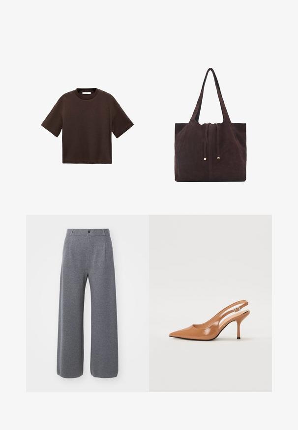 Braun t-Shirt mit kurzen Ärmeln aus weicher Baumwolle. Verfügt über einen runden Ausschnitt und einen kastigen Schnitt, mit einer glatten Textur und ohne sichtbare Muster.; GAP CASHSOFT TAILORED PANT - Stoffhose - charcoal heather; Spitz zulaufender Slingback-Absatz aus einem glatten, glänzenden, tanfarbenen Material. Mit einem geschwungenen Ausschnitt-Design und einem schlanken Stiletto-Absatz. Silberne Schnallendetails.; Mango Shopping Bag - dark brown