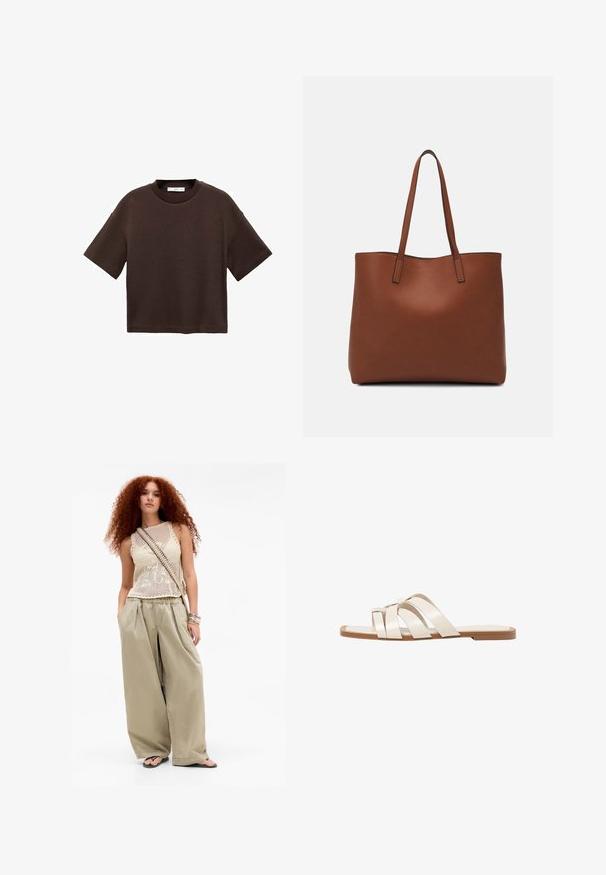 T-shirt corto marrone a maniche corte realizzato in cotone morbido. Presenta un colletto rotondo e una vestibilità ampia, con una texture liscia e senza motivi visibili.; Giovane donna con lunghi capelli ricci rossi che indossa un top senza maniche beige in maglia, pantaloni larghi color khaki, ciabatte, borsa a tracolla e braccialetti.; Infradito con suola in gomma color talpa, progettate con tre cinturini in pelle bianca sovrapposti e un piccolo dettaglio a fiocco al centro.; Borsa tote in pelle marrone con texture liscia, design con apertura superiore e due spallacci. Presenta cuciture minime e nessun hardware visibile.