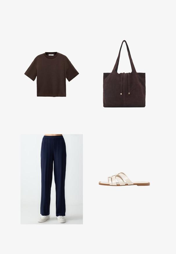 T-shirt corto marrone a maniche corte realizzato in cotone morbido. Presenta un colletto rotondo e una vestibilità ampia, con una texture liscia e senza motivi visibili.; Pantaloni a gamba larga blu navy con texture a righe verticali, vita elastica e vestibilità rilassata, abbinati a sneakers bianche casual.; Infradito con suola in gomma color talpa, progettate con tre cinturini in pelle bianca sovrapposti e un piccolo dettaglio a fiocco al centro.; Mango Shopping bag - dark brown