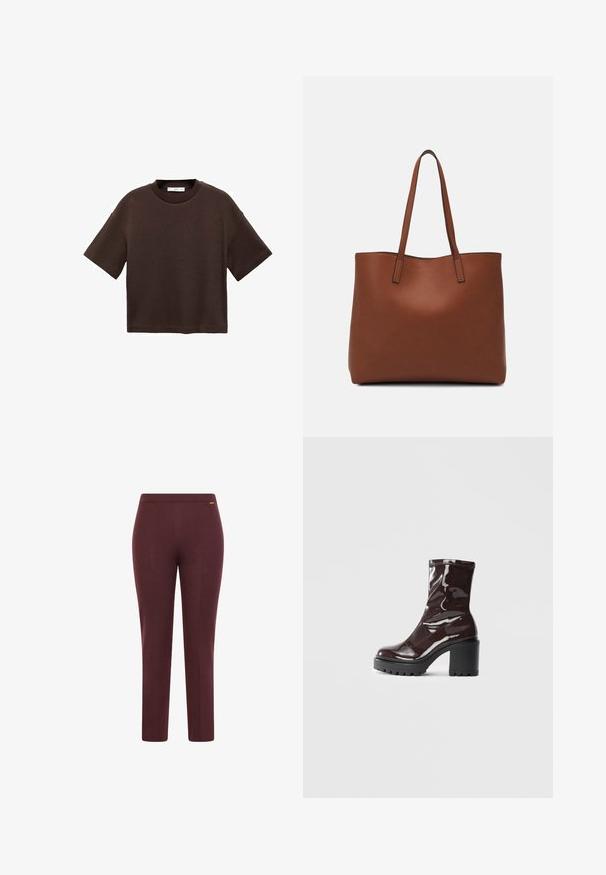 Brown short-sleeve t-shirt made of soft cotton. Features a round neckline and a boxy fit, with a smooth texture and no visible patterns.; Burgundy stretch pants with a smooth texture, a fitted design, and a simple waistband; features a minimalistic logo detail.; Glossy burgundy ankle boot with a chunky black heel, featuring a smooth texture and simple design. No visible fastenings or patterns.; Brown leather tote bag with a smooth texture, open top design, and two shoulder straps. Features minimal stitching and no visible hardware.