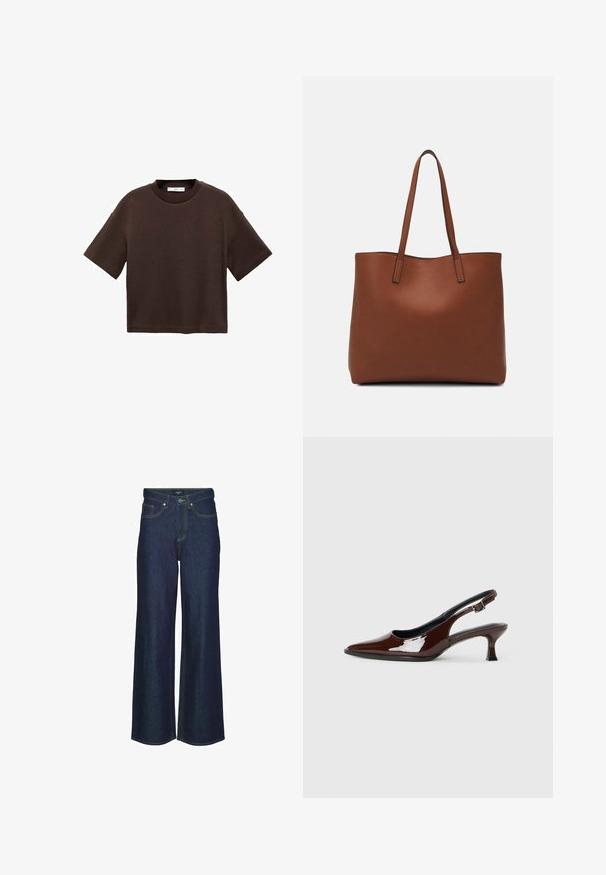 T-shirt corto marrone a maniche corte realizzato in cotone morbido. Presenta un colletto rotondo e una vestibilità ampia, con una texture liscia e senza motivi visibili.; Jeans a gamba larga in denim scuro con vita alta, caratterizzati da accenti di cucitura, passanti per cintura e tasche frontali. Texture liscia, design classico.; Scarpa slingback in pelle verniciata marrone con punta affusolata e tacco moderato. Presenta una fascia con fibbia per una calzata sicura. Tessuto liscio.; Borsa tote in pelle marrone con texture liscia, design con apertura superiore e due spallacci. Presenta cuciture minime e nessun hardware visibile.