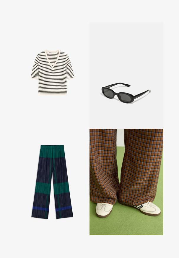 Massimo Dutti STRIPED V-NECK - T-shirt imprimé - dark blue; Pantalons à large jambe avec des plis verticaux et un design en blocs de couleurs avec des rayures vertes, marines et bleues. Taille élastique pour plus de confort.; Un pantalon large à carreaux marron et bleu associé à des chaussures blanches avec des accents noirs et des semelles texturées, le tout sur fond vert.; Lunettes de soleil noires avec des verres ovales, monture en plastique brillant et branches fines. Présente le logo Ray-Ban en blanc sur le côté.