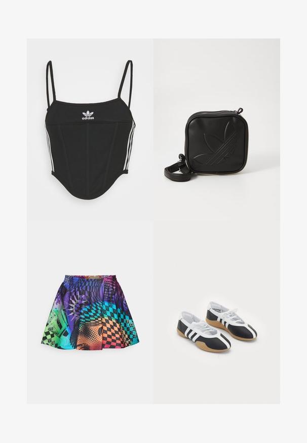 Zwarte geribbelde crop top met verstelbare dunne bandjes, voorzien van drie witte strepen aan de zijkanten en een klein wit Adidas-logo in het midden.; Kleurvolle rok met een mix van patronen in paars, blauw, groen en oranje. Elastische tailleband en geplooid ontwerp versterken de beweging.; Zwart-witte sport schoenen met een slank ontwerp, rubberen zool, vetersluiting en drie witte strepen aan de zijkanten.; Zwarte vierkante crossbody tas van gestructureerd synthetisch materiaal. Met een reliëflogo ontwerp en een verstelbare schouderband. Ritssluiting.