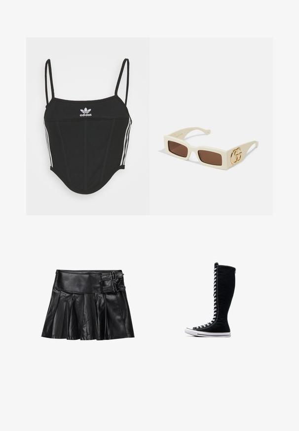 Melna ribota krūštura blūze ar regulējamām plānām siksnām, kurai sānos ir trīs baltas svītras un centrā neliela baltā Adidas logo.; Melnas ādas svārki ar arī pleciem, platām jostām un diviem sprādžu akcentiem sānos. Gluda tekstūra ar spīdīgu apdari.; Melni augstie sporta apavi ar augstu dizainu, izgatavoti no kanvas. Iezīmēti ar baltiem auklām, diegojumiem un gumijas zoli ar purngalu.; Baltas taisnstūra formas saulesbrilles ar brūnām lēcām. Malā izceļas izteikts zeltīts GG logotips. Izgatavotas no strukturēta plastmasas materiāla.; Quiltēta balta rokassoma, izgatavota no sintētiska materiāla, ar zelta ķēdes rokturi un logotipa plāksni, ar izliekta forma un teksturētu virsmu.