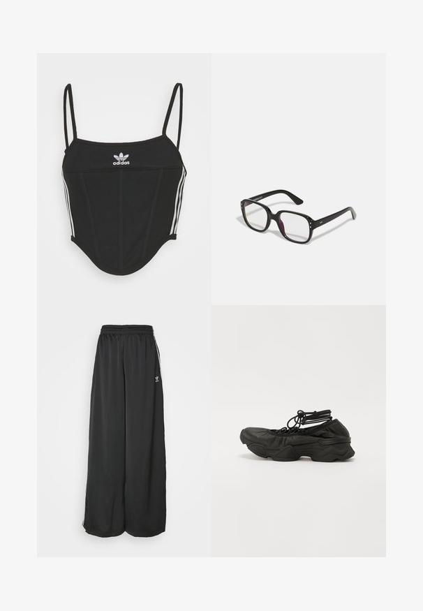 Top crop preto canelado com alças finas ajustáveis, apresentando três riscas brancas nas laterais e um pequeno logótipo branco da Adidas ao centro.; Calças de treino largas e soltas, feitas de tecido suave. Apresentam uma cintura elástica e riscas laterais com detalhes em logotipo.; Sapatilha atlética preta com parte superior de couro texturizado, bico arredondado e sola grossa. Cadarços presos com laços no tornozelo para um ajuste confortável.; Óculos retangulares pretos com lentes transparentes, apresentando bordas arredondadas e detalhes laterais, com um acabamento brilhante na armação e nas hastes.