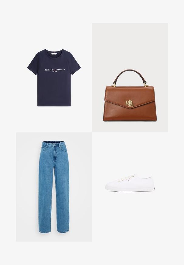 Tumši zils T-krekls ar īsām piedurknēm, apaļu kakla izgriezumu un baltu uzrakstu "Tommy Hilfiger EST. 1985" ar logotipu priekšpusē.; Gaiši zili denim džinsi ar augsto vidukli, platām kājām, ar piecām kabatām un pogu aizdari. Mīksta tekstūra ar nelielu izbalēšanu.; Balti kanvas sporta apavi ar zeltītām acīm, plakanām šņorēm, teksturētu gumijas zoli un minimālu zīmolu uz sāniem. Zema profila dizains.; Brūns ādas rokassoma ar strukturētu dizainu, augšējo rokturi, zelta detaļām un logo akcentu priekšpusē. Gluda tekstūra.