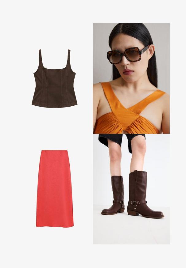 Brauner, ärmelloser Top mit quadratischem Halsausschnitt, enganliegendem Design, Nahtdetails und einem strukturierten Stoff. Keine zusätzlichen Verzierungen.; Roter Midirock mit glatter Textur, der einen leichten Glanz aufweist und eine A-Linien-Silhouette hat. Keine sichtbaren Muster oder Hardwaredetails.; Braune kniehohe Stiefel aus Leder mit runder Zehenform, strukturiertem Obermaterial, Knöchelriemen und silbernen Hardware-Details; mit gestapeltem Absatz.; Braune Schildkrötensonnenbrille im Übergrößenformat mit einem breiten rechteckigen Rahmen und gefärbten Gläsern. Goldfarbenes Logo-Detail an der Seite.
