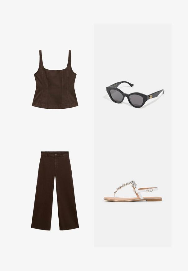 Top brown, fără mâneci, cu decolteu pătrat, design ajustat, detalii cu cusături și material texturat. Fără embellishment-uri suplimentare.; Pantaloni largi maro dintr-un amestec de bumbac, cu un tiv desfăcut, închidere cu buton frontal și un design clasic cu cinci buzunare. Minimalist și versatil.; Sandale plate albe cu un design T-bar, decorate cu pietre transparente. Talpa este de culoare maro deschis, cu un profil subțire și plat. Breteaua gleznei este ajustabilă.; Ochelari de soare negri cu un design unghiular, în formă de ochi de pisică, cu lentile întunecate. Accente ale logo-ului aurit pe brățară. Ramă din plastic neted.; Geantă de umăr din piele neagră, cu o textură netedă, formă curbată și mânere ajustabile. Prezintă cusături minime și un design simplu.