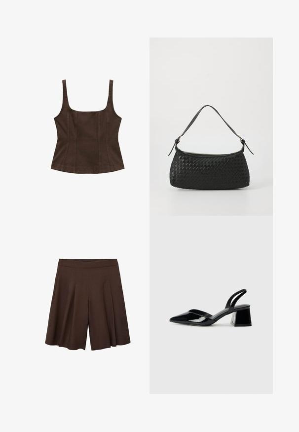 Brązowy, bezrękawnik z kwadratowym dekoltem, dopasowany krój, detal szwów oraz teksturowana tkanina. Brak dodatkowych ozdób.; Brązowe szorty plisowane z wysokim stanem. Materiał wydaje się gładki i lekki, z głębokimi, czystymi fałdami, które nadają swobodny kształt.; Czarne lakierowane półbuty na obcasie z wydłużonym noskiem i geometrycznym słupkiem. Charakteryzują się eleganckim, minimalistycznym designem oraz gładką fakturą.; Czarna, pleciona torba na ramię z gładkim skórzanym paskiem i zapięciem na zamek. Charakteryzuje się teksturowaną powierzchnią i zakrzywionym kształtem.