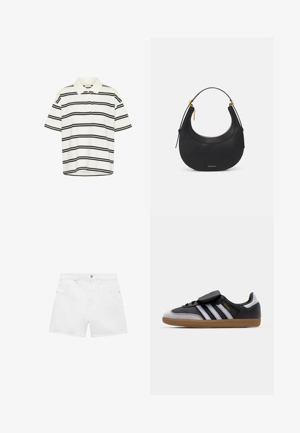 Witte polo met zwarte horizontale strepen, korte mouwen en een klassieke kraag. Twee knopen bij de sluiting en een rechte zoom aan de onderkant.; Witte spijkerbroekshorts met een ontwerp van vier zakken, voorzien van een voorknop en rits, tentoongesteld tegen een effen achtergrond.; Zwarte leren en grijze suède sneaker met witte strepen, rubberen gumzool, veterfrontering en klittenbandsluiting. Uitgerust met "Samba" branding in het goud.; Zwarte leren handtas met een ronde vorm, gestructureerd oppervlak, gouden hardware accenten en een ritssluiting. Logo weergegeven aan de onderkant.; Gouden knoopstuds met een gedraaide design. Elke oorring heeft een ronde transparante achterkant voor een veilige draagervaring.
