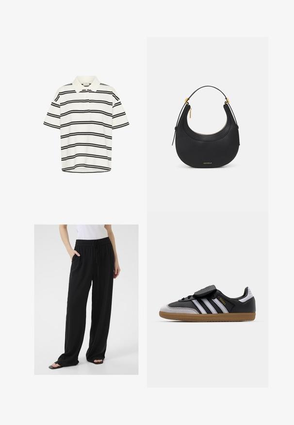White polo shirt with black horizontal stripes, short sleeves, and a classic collar. Two-button placket and a straight hem at the bottom.; Black, loose-fitting pants made of soft fabric with an elastic waistband, adjustable drawstring, and side pockets. Flared leg design.; Black leather and gray suede sneaker with white stripes, rubber gum sole, lace-up front, and Velcro strap. Features "Samba" branding in gold.; Black leather handbag with a rounded shape, textured surface, gold hardware accents, and a zip closure. Logo displayed at the bottom.; Gold-tone knot stud earrings with a twisted design. Each earring features a circular clear backing for secure wear.