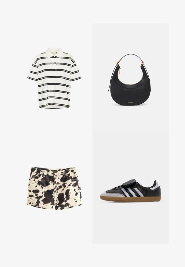 Camisa polo blanca con rayas horizontales negras, mangas cortas y un cuello clásico. Tapeta de dos botones y un dobladillo recto en la parte inferior.; Shorts de mezclilla con base beige y estampado de vaca en negro y marrón. Cuenta con cinco bolsillos, cierre de botón metálico y costuras en contraste.; Zapatillas de cuero negro y gamuza gris con rayas blancas, suela de goma, parte delantera con cordones y tira de Velcro. Presenta el logotipo "Samba" en dorado.; Bolso de mano de piel negra con forma redondeada, superficie texturizada, acentos de herrajes dorados y cierre de cremallera. Logo mostrado en la parte inferior.; Pendientes de botón en tono dorado con un diseño retorcido. Cada pendiente cuenta con un respaldo circular transparente para una sujeción segura.