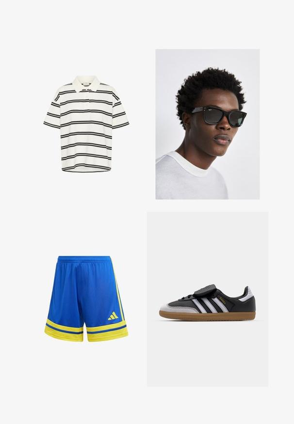 Weißes Poloshirt mit schwarzen horizontalen Streifen, kurzen Ärmeln und klassischem Kragen. Zwei-Knopf-Leiste und gerader Saum am unteren Ende.; Blaue Sportshorts mit einem gelben Bund und Streifen. Mit Adidas-Logo und kontrastierenden gelben Akzenten an den Seiten. Leichtes Material.; Schwarze Leder- und graue Wildleder-Sneaker mit weißen Streifen, Gummisohle, Schnürung vorne und Klettverschluss. Mit "Samba"-Markenlogo in Gold.; Schwarze Ray-Ban Sonnenbrillen mit quadratischem Rahmen, dunklen Gläsern und silbernen Hardware-Akzenten. Das Modell trägt einen hellgrauen Rundhalsausschnitt-Pullover.
