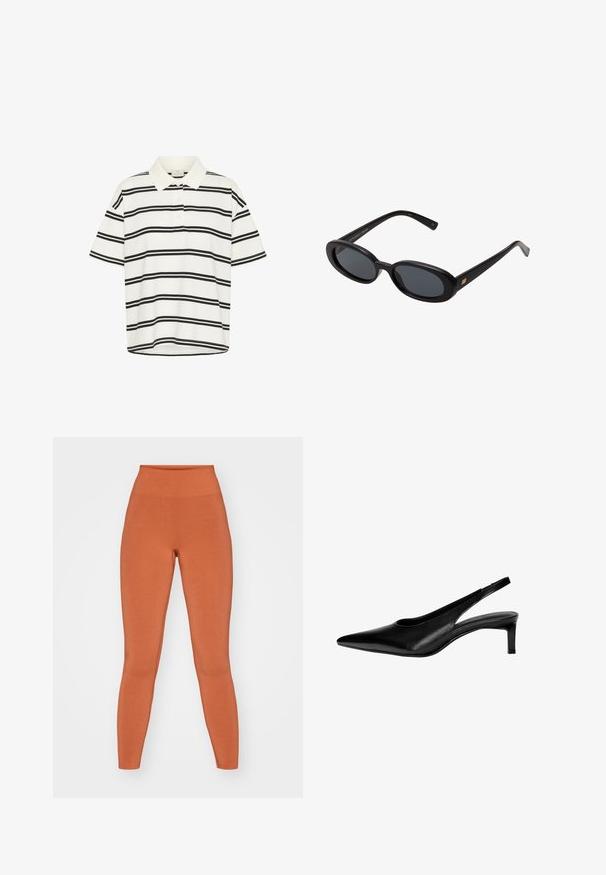 Biała koszulka polo z czarnymi poziomymi paskami, krótkie rękawy i klasyczny kołnierzyk. Dwie guziki przy zapięciu i prosty dół.; Pomarańczowe legginsy wysokiej talii wykonane z miękkiego, elastycznego materiału. Gładka tekstura z dopasowanym krojem, bezszwowa konstrukcja i długość sięgająca kostek.; Czarne skórzane buty typu slingback z ostrym noskiem, niskim obcasem i wycięciami po bokach. Gładka tekstura z eleganckim wyglądem.; Czarne, oversize okulary przeciwsłoneczne z owalnymi soczewkami, gładkim plastikowym mostkiem i złotymi akcentami na zausznikach. Ciemne soczewki zapewniają ochronę przed słońcem.; Wykonana z plecionej słomy koszyk o rozszerzającym się kształcie, z czarną skórzaną podstawą i uchwytami. Teksturowane naturalne włókna z gładkimi czarnymi akcentami.