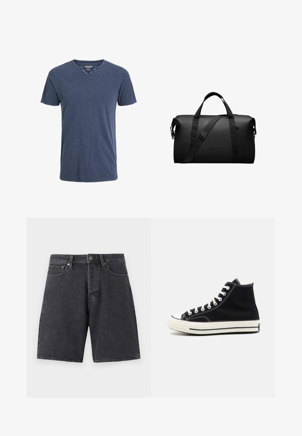 T-paita lyhyillä hihoilla tummansinisestä pehmeästä kankaasta, jossa on V-pääntie ja kaksi nappikoristetta toisella puolella sekä rento istuvuus.; Tummanharmaat farkkushortsit suoran leikkauksen kanssa. Ominaisuuksiin kuuluu kaksi etutaskua, yksi takatasku ja metallinen nappisulku.; Mustat kankaiset nilkkurit, joissa on valkoiset nauhat, kumiainen varvaskuppi ja erottuva valkoinen pohja, jossa on mustia viivoja reunalla.; Mustapani matkakassi, joka on valmistettu kestävästä materiaalista; sisältää kaksinkertaiset kahvat ja säädettävän olkahihnan; minimaalinen muotoilu logotiedolla.