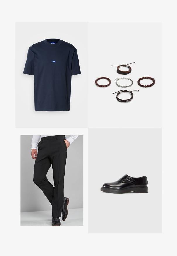 Tamsiai mėlynos spalvos medvilninė marškinė su apvaliu kaklu, trumpomis rankovėmis ir mažu mėlynu logotipu krūtinėje. Lygi tekstūra, laisvas siluetas.; Juodos kelnės su pritaikytu siluetu, pasižyminčios sklandžiu tekstūra, tiesiomis kojomis ir diržo kilpomis, derinamos su blizgančiais juodais elegantiškais batais.; Juodos odinės bateliai su apvaliu nosiu, žemu juodu kulniuku ir dekoratyvia juostele. Lygus paviršius su blizgiu apdaila.; Penkių apyrankių rinkinys, sudarytas iš rudos odos, medinių karoliukų ir sidabrinės grandinėlės; skirtingi tekstūros ir formos, su reguliuojamais uždarymais.