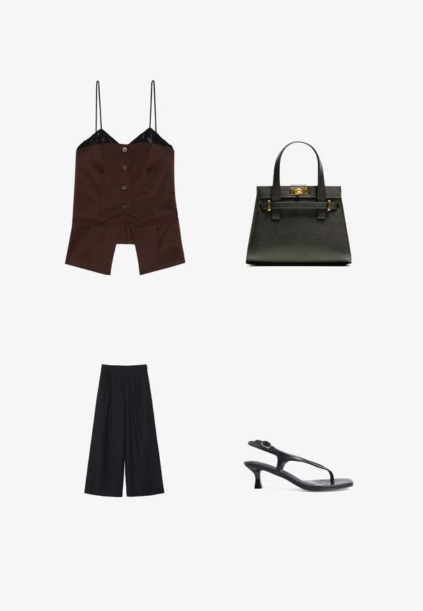 Top marrone aderente con bordo in pizzo, spalline sottili e cinque bottoni frontali; presenta un orlo spaccato e un design sartoriale.; Pantaloni neri a gamba larga con pieghe, realizzati in un tessuto morbido. Presentano una vita alta e un taglio pulito e sartoriale.; Sandal in pelle nera con design sottile, cinghie sottili e un tacco piccolo. Presenta un accento con fibbia e una soletta liscia e texturizzata.; Borsa a tracolla nera con manici corti, dotata di una chiusura e dettagli in oro. Il design è strutturato, con una silhouette geometrica.