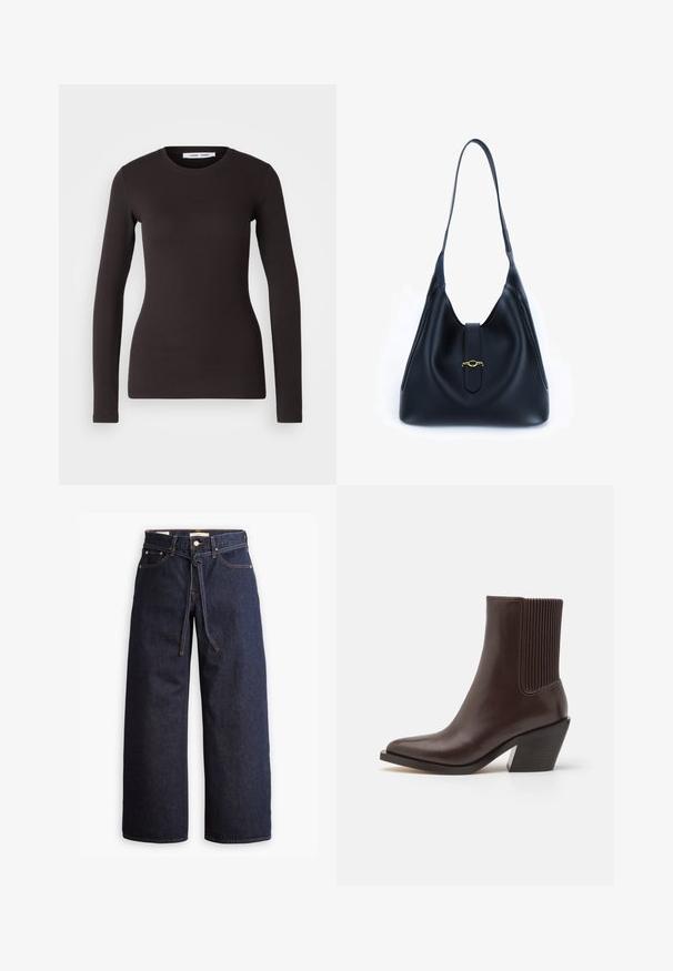 Ilgi piedurknēm melns krekls, izgatavots no mīksta, elastīga auduma. Tam ir apaļa dekoltē un pieguļoša piegriezuma forma ar gludu tekstūru un bez redzamām rakstām.; Plati zili džinsi ar augstu jostasvietu, ar šnaukaša saišu, piecām kabatām un kontrastējošiem šuvju akcentiem.; COACH PRESTYN BOOTIE - Kovboju/motociklistu tipa puszābaki - maple; Melnas ādas rokassomi ar mīkstu, brīvu dizainu. Iezīmēta ar plakanu siksnu un centrālu aizdari, kas dekorēta ar zelta akcentu.