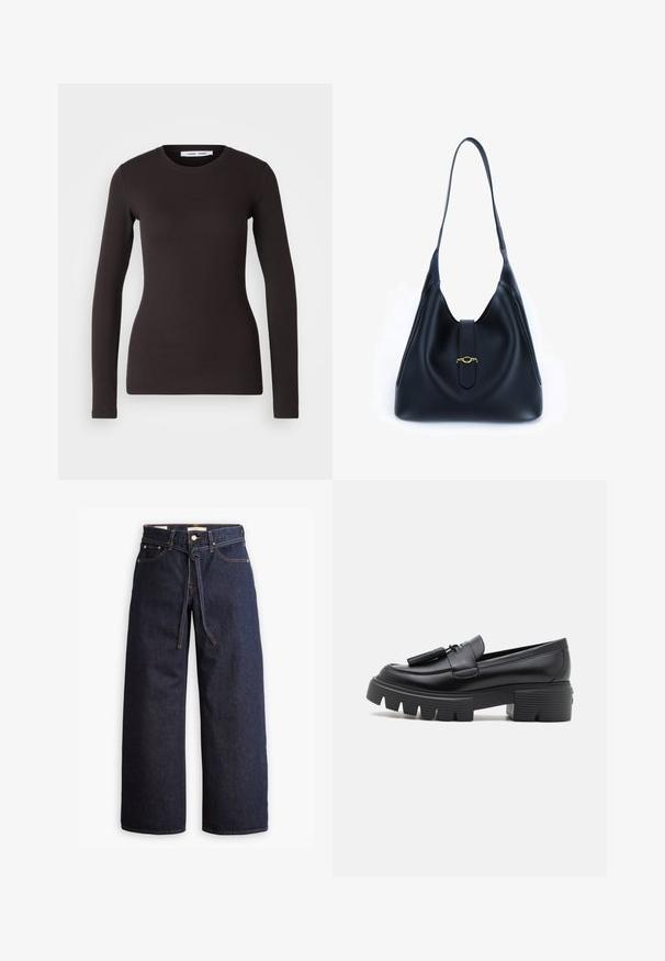 Langærmet sort top lavet af blødt, strækbart stof. Har en rund halsudskæring og tætsiddende pasform med en glat tekstur og uden synlige mønstre.; Bredde ben mørkeblå denim jeans med høj talje, der har snoretræk, fem lommer og kontrastsyet detaljer.; Stuart Weitzman NOLITA TASSEL LOAFER - Plateaupumps - black; Sort læderhåndtaske med et blødt, afslappet design. Har en flad rem og en central lukning prydet med en guldfinish.