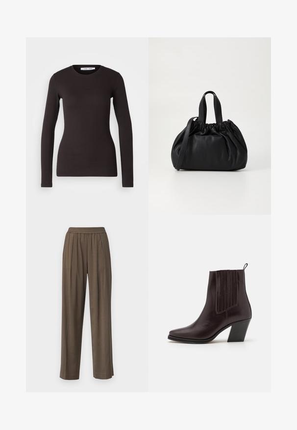 Long-sleeve black top made of soft, stretchy fabric. Features a round neckline and slim fit with smooth texture and no visible patterns.; Brown, wide-leg trousers with an elastic waistband and front pleats, made from a smooth fabric, offering a relaxed fit.; Dark brown leather ankle boot with a pointed toe, vertical ribbed detailing on the side, and a mid-height block heel.; Black leather handbag with a gathered top design, featuring two short handles and a long adjustable strap. Smooth texture, rounded shape.
