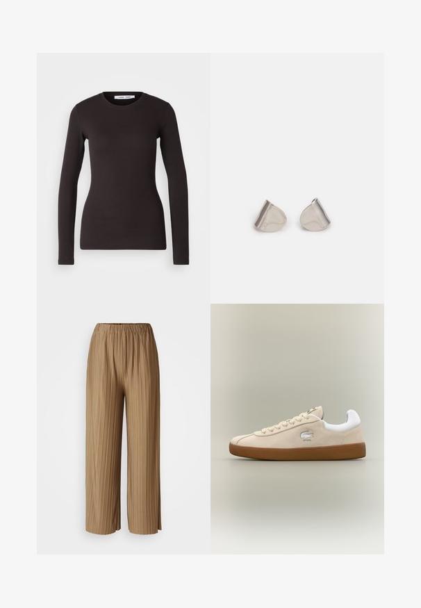 Ilga rankovė juoda palaidinė, pagaminta iš minkštos, tamprios medžiagos. Ji turi apvalią iškirptę ir liesą siluetą, su lygiu paviršiumi ir jokių matomų raštų.; Rudos klostuoti plati kelnės su elastinga juosta. Pagamintos iš lengvos medžiagos, su vertikaliomis juostelėmis tekstūrai ir judėjimui.; Bežiniai zomšiniai sportbačiai su baltais akcentais ir guminiais padais. Šone yra iškilęs logotipas ir kontrastinės bežinės raišteliai. Klasikinis dizainas.; Sidabriniai metaliniai auskarai su lygiu, ašaros formos dizainu ir blizgiu paviršiumi. Subtilūs raižiniai prideda detalumo. Minimalistinis dizainas.