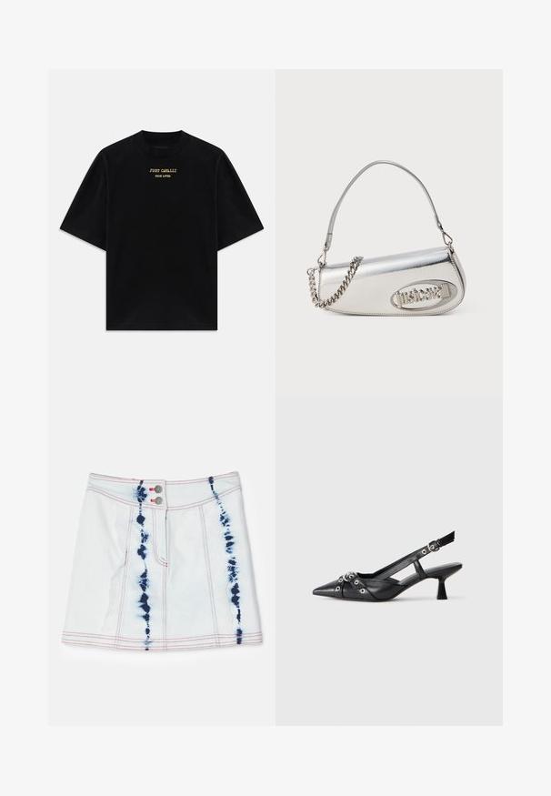 Fekete pamut póló rövid ujjal, kerek nyakkal, elől arany nyomtatott "JUST CAVALLI TRUE LOVER" felirattal.; Világoskék farmer mini szoknya sötétkék batikolással. Piros varrással és két elülső gombbal rendelkezik. Rövid hossza és karcsú szabása van.; Fekete bőr slingback cipő hegyes orral, dekoratív pántokkal, fém szemekkel és alacsony blokk sarkú. Texturált felület.; Ezüst fémes kézitáska lekerekített háromszög alakú, logóval, láncos pánttal és sima textúrával. Oldalán cipzáras záródás.