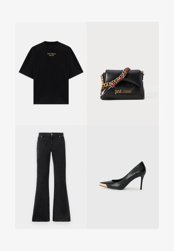 Black cotton t-shirt with short sleeves, crew neck, featuring gold printed text "JUST CAVALLI TRUE LOVER" on the front.; Black flared denim jeans with five pockets, a front button closure, and contrast stitching. Fabric has a smooth texture.; Black leather high-heeled pump with a pointed toe; features a metallic gold accent on the toe cap. Smooth surface with a sleek design.; Black leather handbag with a gold chain strap, featuring a patterned fabric accent, and a logo embossed on the front.