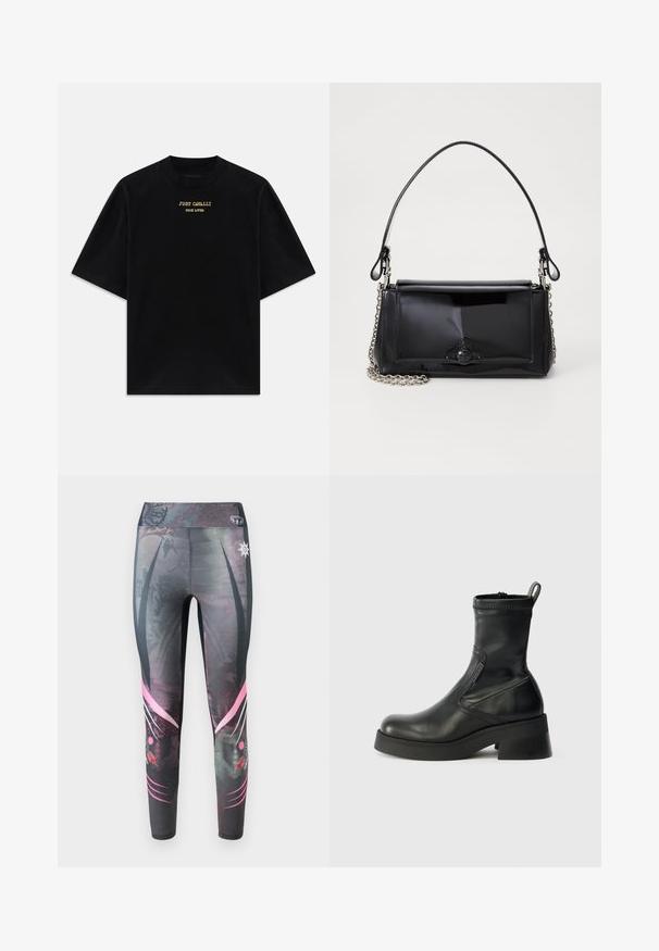 Črna bombažna majica s kratkimi rokavi in ovratnikom, na sprednji strani z zlatim tiskom napisa "JUST CAVALLI TRUE LOVER".; Tesne prilegajoče legice v temno sivi barvi z pikčasto zasnovo, ki imajo rožnate grafične akcentne in visok pas.; Črne usnjene gležnjarje z zaobljenim nosom, stranskim zadrgo, nizko blokasto peto in čistim šivom. Teksturo površine s gladkim končnim obdelavom.; Črna lakirana usnjena torbica pravokotne oblike, s verižnim trakom in značilnim kovinskim detajlom na sredini. Gladka textura.