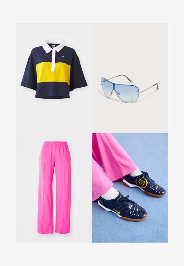 Polo a maniche corte con corpo blu navy, striscia orizzontale gialla e colletto bianco. Presenta il logo Nike in bianco sul petto. Tessuto in misto cotone.; Pantaloni da jogging rosa, morbidi e leggeri, con vita elastica e cuciture laterali. Presentano un piccolo logo vicino alla coscia sinistra.; Sneakers sintetici blu navy con accenti arancioni, dotati di una tomaia texturizzata, suola bianca e lacci neri. Abbinati a pantaloni rosa a gamba larga.; Occhiali da sole aviator con lenti blu sfumate, montatura in metallo argentato e decorazioni a forma di stella sulle lenti. Design liscio e sofisticato.
