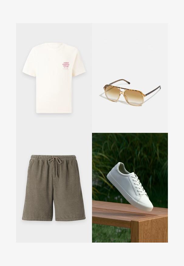 Camiseta blanca de manga corta con el texto rojo "Edición de Studio Originals" en el lado izquierdo del pecho, exhibida sobre un fondo gris neutro.; Pantalones cortos de pana de algodón en verde oliva con rayas verticales texturizadas, cinturilla elástica y cordón ajustable para mayor comodidad.; Zapatilla blanca con cordones flotando sobre un banco de madera con follaje verde al fondo, mostrando el diseño y la textura del zapato.; Gafas de sol carey con montura rectangular, lentes en degradado marrón y elegantes patillas negras con sutiles acentos de logo.