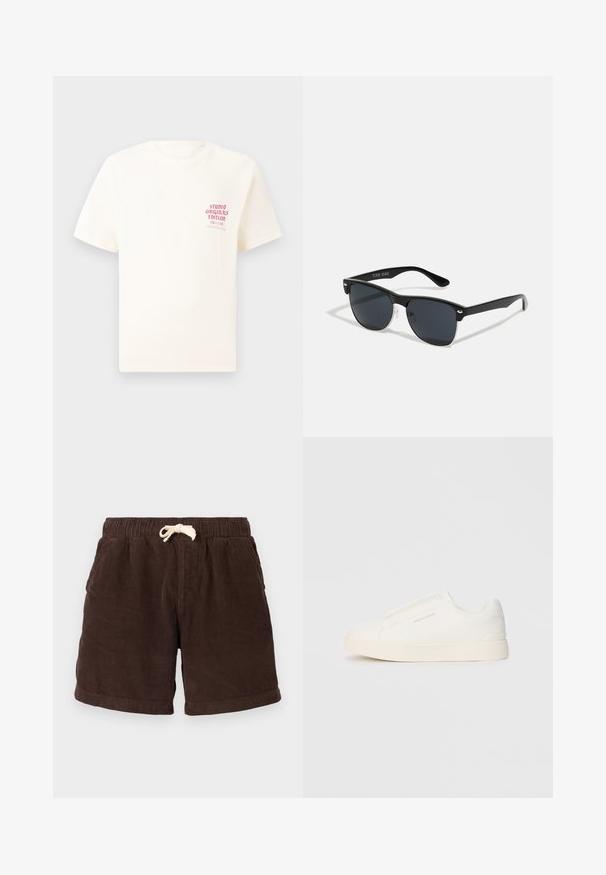 Balta trumpa rankovėmis marškinėliai su raudonu užrašu "Studio Originals Edition" kairiajame krūtinės šone, rodomi neutralioje pilkoje aplinkoje.; Rudos korduroy šortai su elastingu liemeniu, šnurku uždarymu ir šoninėmis kišenėmis. Audinys turi vertikalią raitymą ir tekstūruotą apdailą.; Baltos slip-on sportbačiai su tekstūruota paviršiumi, storesniu padu ir minimalistišku dizainu. Šone matosi prekės ženklo logotipas.; Juodos saulės akinių su stačiakampiu rėmeliu, tamsiais lęšiais, sidabrinėmis detalėmis šventrajose ir matinio paviršiaus rėmeliu.