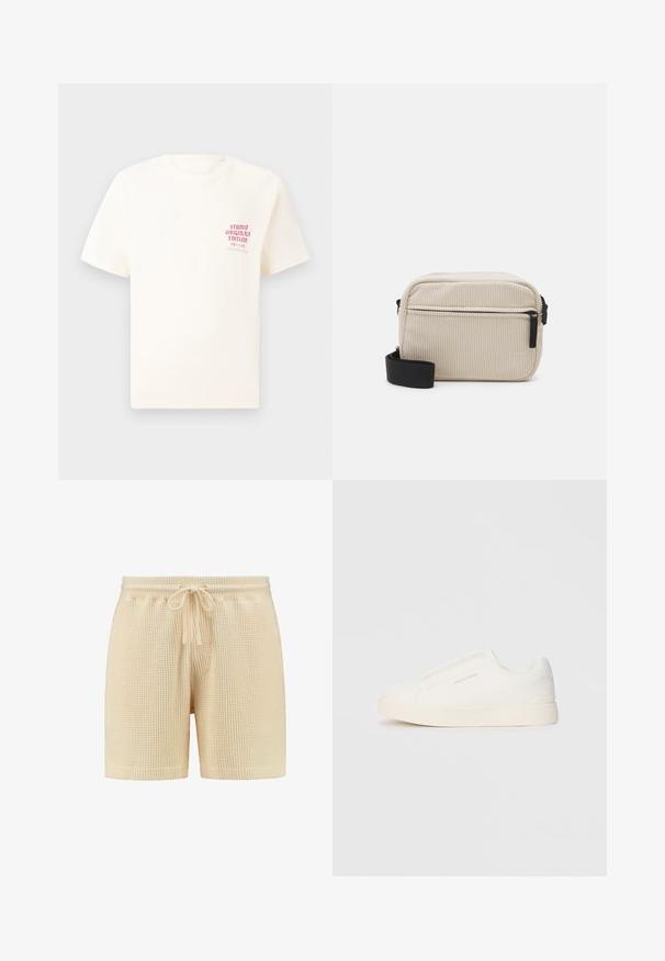 Balts īsām piedurknēm T-krekls ar sarkanu tekstu "Studio Originals Edition" uz kreisā krūšu, pakārtots neitrālā pelēkā fonā.; Beige vafelē auduma šorti ar elastīgu jostasvīru, auklas aizdari un brīvu piegriezumu. Vienkāršs dizains bez rakstiem vai papildu akcentiem.; Baltas slip-on sporta apavi ar teksturētu virsmu, biezu zoli un minimālistisku dizainu. Sānos redzams zīmola logotips.; Kremkrāsas korsētas pleca soma ar melnu rāvējslēdzēju, noņemamu siksnu un teksturētu rakstu. Ietver vienu galveno nodalījumu un priekšējo kabatu.