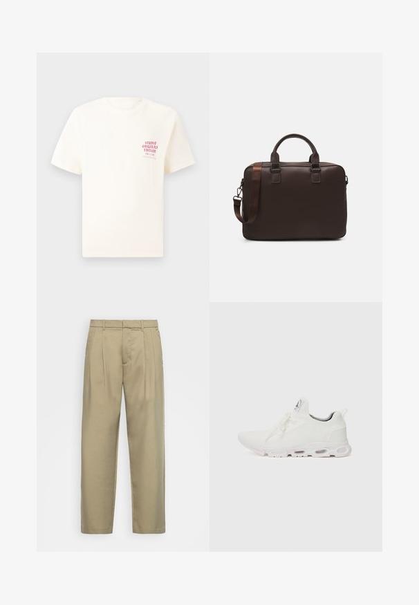 Witte T-shirt met korte mouwen met rode tekst "Studio Originals Edition" op de linker borst, weergegeven op een neutrale grijze achtergrond.; Beige, hoge taille broek met een rechte snit, voorzien van een platte voorkant, zijzakken en een gladde, gestructureerde stof.; Witte sportieve schoenen met een gestructureerde gebreide bovenkant, platte veters en een gevoerde zool met zichtbare luchtkamers voor extra ondersteuning.; Bruine leren laptoptas met een gevarieerde textuur, dubbele handvaten aan de bovenkant, verstelbare schouderriem en twee voorste gespen voor extra detail.