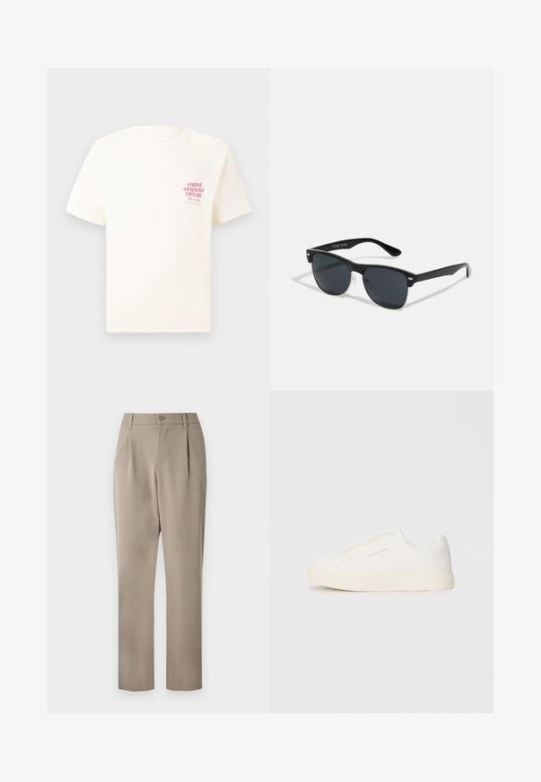 T-shirt blanc à manches courtes avec le texte rouge "Édition Originals du Studio" sur la poitrine gauche, présenté sur un fond gris neutre.; Pantalon khaki avec une coupe droite, doté d'une fermeture à bouton et d'un devant plissé. Fabriqué en tissu lisse avec une finition mate.; Baskets blanches sans lacets avec une surface texturée, une semelle épaisse et un design minimaliste. Présente le logo de la marque sur le côté.; Lunettes de soleil noires de forme rectangulaire, verres foncés, accents argentés aux tempes et finition mate sur la monture.