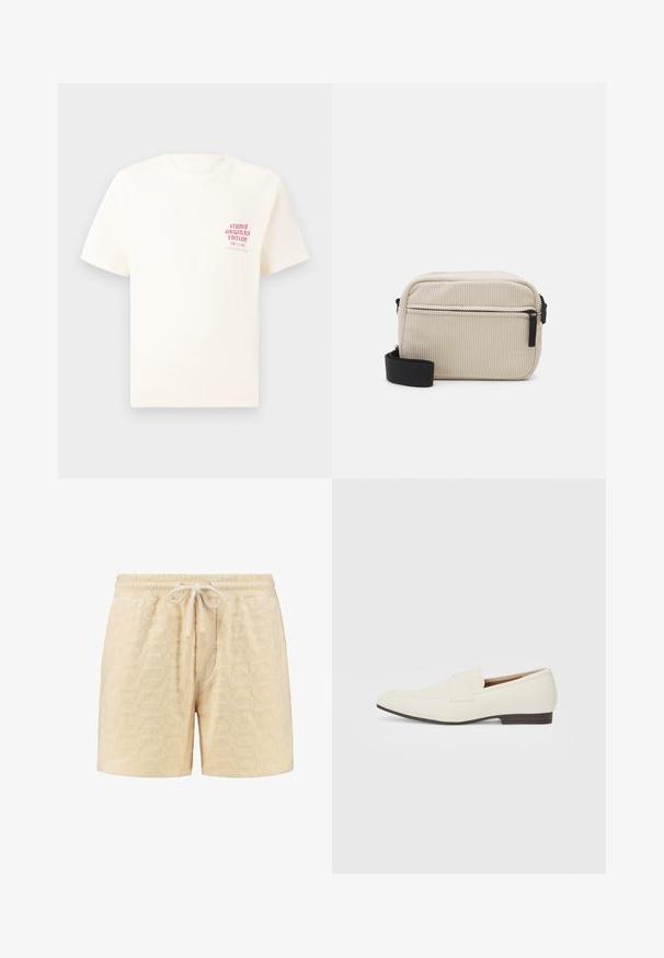 Bílý krátký rukávový tričko s červeným textem "Studio Originals Edition" na levé hrudi, vystavené na neutrálním šedém pozadí.; Krémové šortky vyrobené z texturované látky s geometrickým vzorem. Pas je elastický s tkaničkou pro nastavení velikosti.; Světlé béžové mokasíny s špičatou špičkou, hladkým materiálem, páskem přes nárt a nízkou hnědou podrážkou. Jednoduchý design s minimálními akcenty.; Krémová kordurolová crossbody taška s černým zipem, odnímatelným popruhem a texturovaným vzorem. Má jednu hlavní přihrádku a přední kapsu.