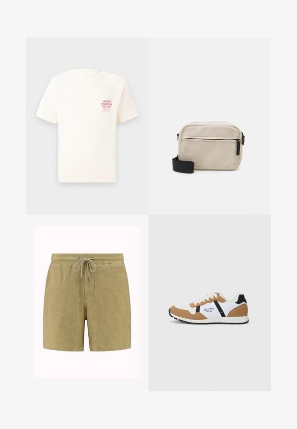 Balta trumpa rankovėmis marškinėliai su raudonu užrašu "Studio Originals Edition" kairiajame krūtinės šone, rodomi neutralioje pilkoje aplinkoje.; Tinkliniai šortai iš minkštos alyvuogių žalios medžiagos. Su raišteliu juosmenyje su metaliniais galiukais, šoninėmis kišenėmis ir laisvu dažymu.; Retro stiliaus sportbačiai su balta, tan zomša, juodais akcentais, baltais raišteliais ir "Jack & Jones EST. 1990" logotipu šone.; Grietos spalvos kordūrinė per petį nešama rankinė su juodu užtrauktuku, nuimamu diržu ir tekstūruotu raštu. Yra viena pagrindinė kišenė ir priekinė kišenė.