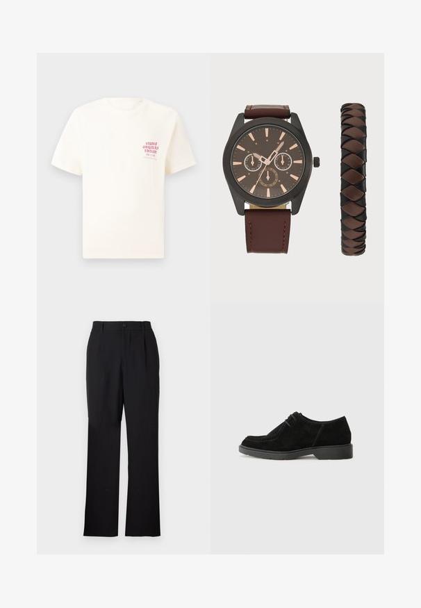 Bílý krátký rukávový tričko s červeným textem "Studio Originals Edition" na levé hrudi, vystavené na neutrálním šedém pozadí.; Only & Sons ONSJEREMY LOOSE PANT - Kalhoty - black; Černé semišové společenské boty s zaoblenou špičkou, kontrastním prošíváním a gumovou podrážkou. Vyznačují se minimálním šněrováním a hladkým designem svršku.; Pier One SET - Hodinky - black/brown; Pier One SET - Hodinky - black/brown