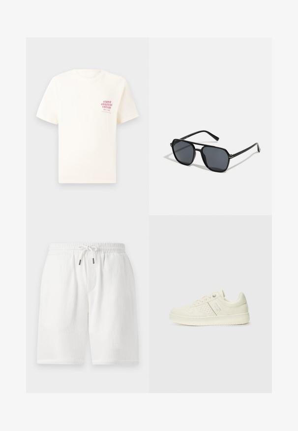 Fehér, rövid ujjú póló, bal mellen piros szöveggel "Studio Originals Edition", semleges szürke háttér előtt.; Fehér, texturált rövidnadrág, rugalmas derékpánttal, húzózsinórral, oldalsó zsebekkel és laza szabással. Alkalmas mindennapi viseletre.; Krém színű sneaker perforált részletekkel, fűzőkkel és logóval az oldalán, egy sima fehér háttér előtt kiállítva.; Fekete napszemüveg nyolcszögletű kerettel, sötét lencsékkel, fényes felülettel, vékony szárakkal és arany díszítéssel az elülső részén.