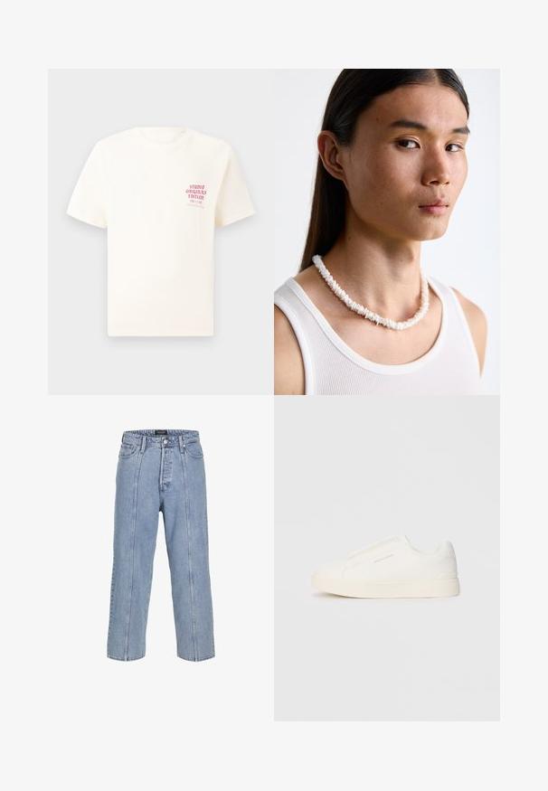 Bela majica s kratkimi rokavi z rdečim napisom "Studio Originals Edition" na levi strani prsnega koša, prikazana na nevtralnem sivo backgroundu.; Svetlo modri kavbojasti hlače ohlapnega kroja s širokimi nogavicami in vidnimi šivi. Imajo gumb in zadrgo ter pet žepov.; Bele zapete brez vezalk z teksturirano površino, debelim podplatom in minimalističnim dizajnom. Na strani se nahaja logotip blagovne znamke.; Bela ogrlica iz školjki, sastavljena od nepravilnih oblika, nošena preko pripijenog bijelog topa. S smooth teksturom i suptilnim sjajem, blisko prilagođenog dizajna.