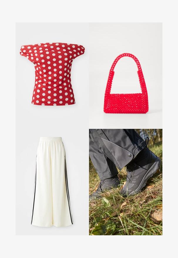 Top corto rosso a maniche corte con design off-the-shoulder, caratterizzato da pois bianchi. Realizzato in un tessuto liscio con una forma aderente.; Pantaloni bianchi a gamba larga con elastico in vita e righe verticali nere lungo le cuciture esterne.; Scarpe da trekking nere impermeabili con tessuto texturizzato e suole in gomma, accompagnate da pantaloni grigi con dettagli a pressione, posati su un terreno erboso con foglie.; Borsa a mano rossa realizzata in plastica con perline, caratterizzata da una base quadrata e un manico curvo. La superficie presenta una finitura lucida e testurizzata con un motivo di perline.