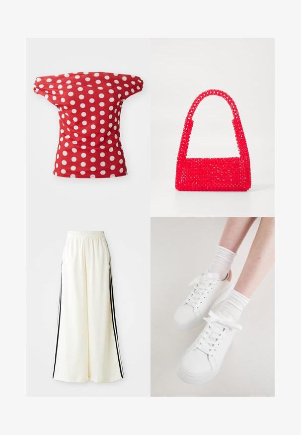 Czerwona bluzka z krótkim rękawem o dekolcie odkrywającym ramiona, w białe kropki. Wykonana z gładkiego materiału o dopasowanym kroju.; Białe spodnie z szerokimi nogawkami, z elastycznym paskiem w talii i czarnymi pionowymi paskami wzdłuż zewnętrznych szwów.; Białe skórzane sneakersy mają okrągły czubek, płaską podeszwę i grube sznurowadła. Akcentowane jasnoróżowym obcasem, noszone z białymi, prążkowanymi skarpetkami.; Czerwona torebka wykonana z plastikowych koralików, z kwadratową podstawą i zakrzywionym uchwytem. Powierzchnia ma teksturowane, błyszczące wykończenie z wzorem koralików.
