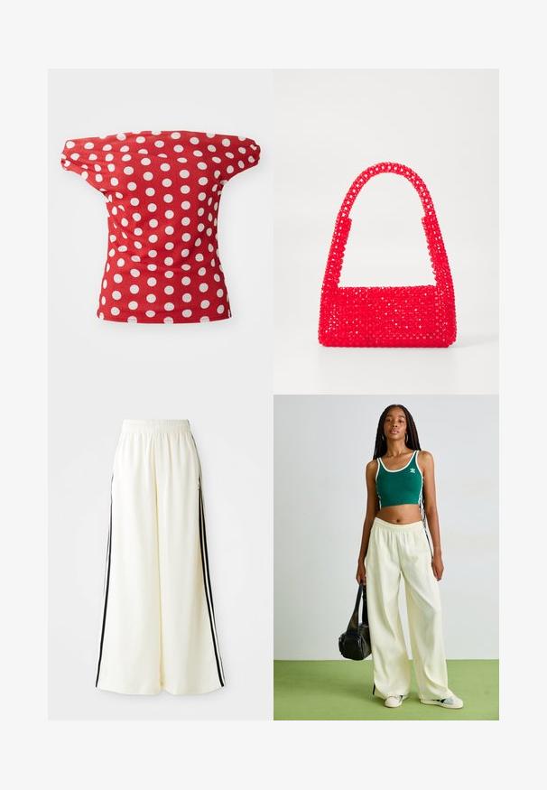 Czerwona bluzka z krótkim rękawem o dekolcie odkrywającym ramiona, w białe kropki. Wykonana z gładkiego materiału o dopasowanym kroju.; Białe spodnie z szerokimi nogawkami, z elastycznym paskiem w talii i czarnymi pionowymi paskami wzdłuż zewnętrznych szwów.; Zielony krótki top z białym wykończeniem, połączony z szerokimi, kremowymi spodniami. Modelka trzyma małą czarną torbę. Proste buty sportowe.; Czerwona torebka wykonana z plastikowych koralików, z kwadratową podstawą i zakrzywionym uchwytem. Powierzchnia ma teksturowane, błyszczące wykończenie z wzorem koralików.