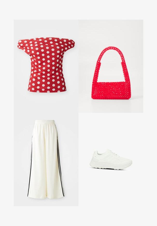 Rotes kurzärmeliges Oberteil mit einem schulterfreien Design, das weiße Punkte aufweist. Hergestellt aus glattem Stoff mit figurschmeichelnder Passform.; Weiße weite Hosen mit elastischem Bund und schwarzen vertikalen Streifen an den äußeren Nähten.; Weißer Sportschuh mit strukturiertem Obermaterial und Mesh-Einsätzen, Schnürdesign, gepolsterter Sohle und dezentem Branding an der Ferse.; Rote Handtasche aus Perlenkunststoff, mit einem quadratischen Boden und einem gebogenen Griff. Die Oberfläche hat ein strukturiertes, glattes Finish mit einem Muster aus Perlen.