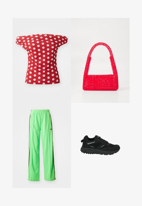 Czerwona bluzka z krótkim rękawem o dekolcie odkrywającym ramiona, w białe kropki. Wykonana z gładkiego materiału o dopasowanym kroju.; Zielone spodnie sportowe wykonane z gładkiego, lekkiego materiału, z czarnymi paskami po bokach i wyszywanym logo z przodu.; Czarne, wodoodporne buty turystyczne z siateczkowymi panelami, teksturowaną podeszwą, okrągłym noskiem i odblaskowymi sznurowadłami. Posiadają logo oraz pętelkę na pięcie.; Czerwona torebka wykonana z plastikowych koralików, z kwadratową podstawą i zakrzywionym uchwytem. Powierzchnia ma teksturowane, błyszczące wykończenie z wzorem koralików.