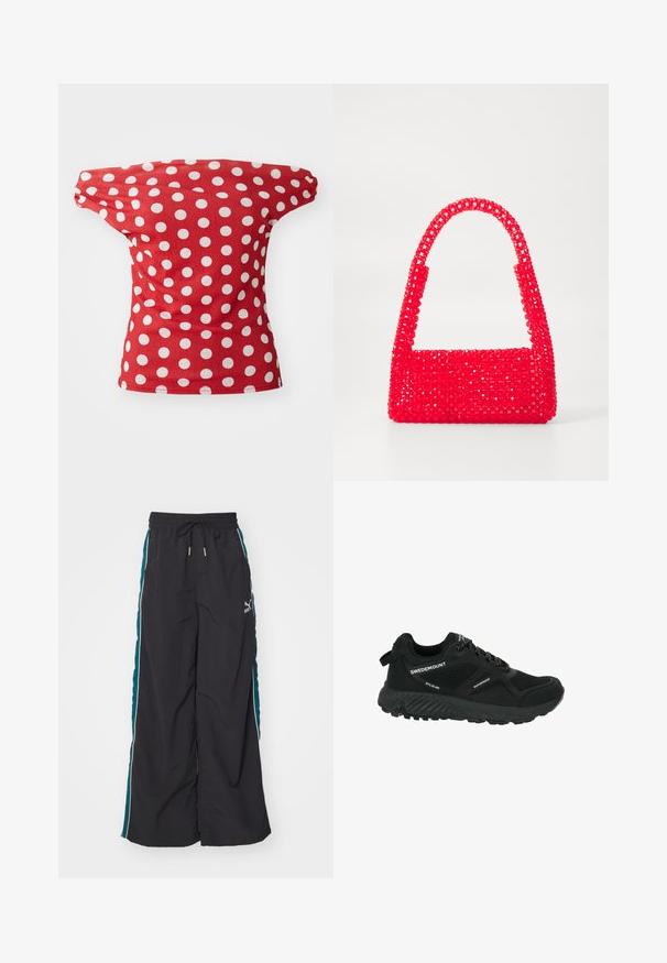 Röd kortärmad topp med off-shoulder-design, prydd med vita prickar. Tillverkad av ett mjukt tyg med en figurnära passform.; Svarta vida byxor med dragsko i midjan, turkosa sidopaneler och vita accentränder. Tillverkade av ett mjukt, lätt material.; Svart vattentålig vandringsko med meshpaneler, texturerad sula, rund tå och reflexsnören. Har logga och dragflik vid hälen.; Röd handväska gjort av pärlad plast, med en fyrkantig botten och ett böjt handtag. Ytan har en texturerad, blank finish med ett mönster av pärlor.